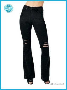 High Rise Tummy Control Destroyed Flare Jeans Vintage Style Women's